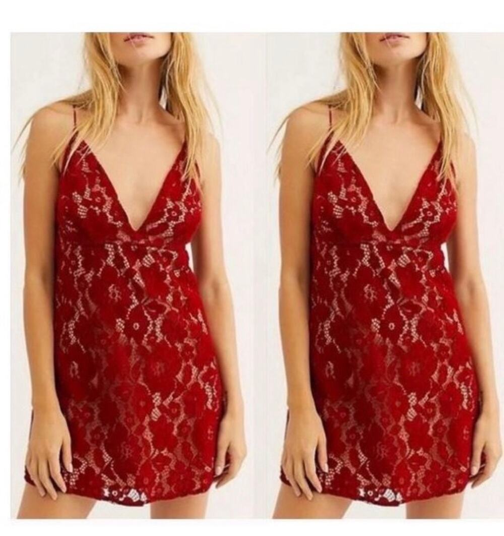 Free People Night Shimmers Red Lace Velvet Burnout Holiday Mini Dress Size 10